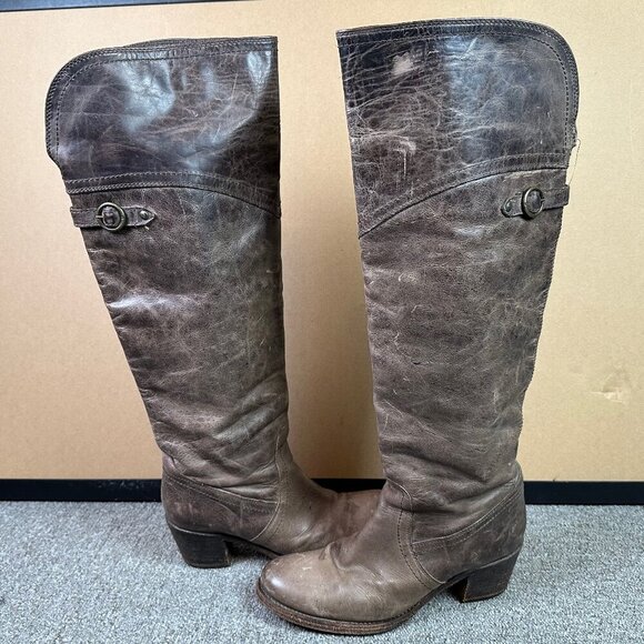 Frye Tall Jane Cuff Grey Brown Leather Riding Stacked Heel Womens Boots 7.5 - Picture 1 of 10